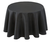 Biscaynebay 70-inch round black textured tablecloth draped on a dining table for elegant meals.