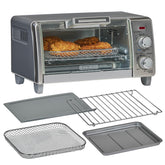 BLACK+DECKER Crisp N Bake oven front view showing compact stainless design for countertops