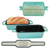 Blisswave Lake Blue cast iron bread pan with lid, showing even heating for crusty bread.