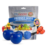 BluApple produce saver in fridge keeps greens fresher longer, reducing waste.