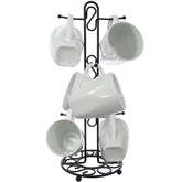 Blue Donuts farmhouse mug rack displaying six mugs on a kitchen counter.