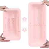 Blue Ginkgo pink over-sink colander extended for flexible rinsing and draining