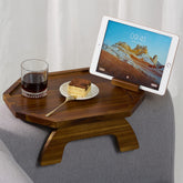 BLUEWEST sofa armrest tray in acacia wood offers a durable dining surface.