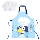 Bluey toddler apron with sky blue logo for messy kitchen play