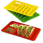 BNYD taco holder stand with colorful plates for lively taco nights and tidy serving