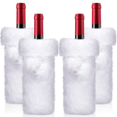 Boao white faux fur wine bottle cover with 3D pom-poms for festive table décor.