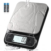 Bomata waterproof IPX6 kitchen scale with stainless pan; front view shows easy-clean design