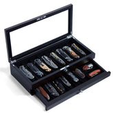 Bonaking ebony veneer knife display case with glass top showing blades