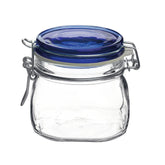 Bormioli Rocco Fido jar with blue lid, 17.5 oz, ideal for pantry storage.