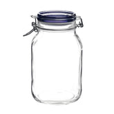 Bormioli Rocco Fido square jar with blue lid for pantry storage.