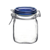 Bormioli Rocco Fido square jar with blue lid shows airtight seal for freshness