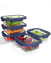 BOROHOUSE glass containers with blue lids stacked for space-saving meal prep.