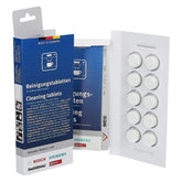 Bosch cleaning tablets packaging showing the product designed to remove coffee oil residues