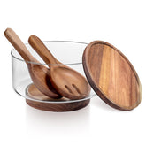 BOTOP large glass salad bowl with acacia base and lid for family gatherings.