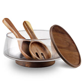 BOTOP large glass salad bowl with acacia base and lid, perfect for party salads.