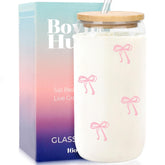 BOYIN HUES Coquette Bow glass cup with pink bow, 16oz, ideal for stylish iced drinks