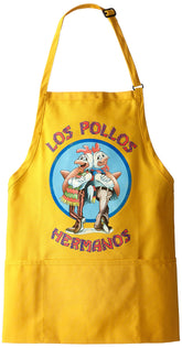 Breaking Bad Los Pollos Hermanos apron in yellow, front view, ideal for kitchen prep.