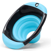 Brewing America collapsible silicone funnel in teal for mess-free pouring into jars.
