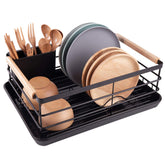 BRIAN & DANY wooden-handle dish rack adds stylish grip for counter drying.