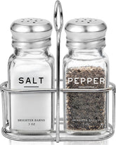 Brighter Barns glass salt and pepper shakers on a counter for elegant dining.