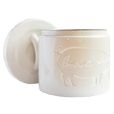 Briink Collective ceramic bacon grease container with strainer on countertop for mess-free storage.