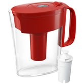 Brita water filter pitcher in red showing 6-cup capacity for daily use