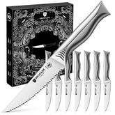 BRODARK steak knives with 4-5 inch serrated blades for effortless meat slicing.