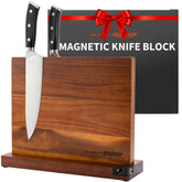 Brooklyn Cutlery magnetic knife block in acacia wood keeps knives organized on the counter.