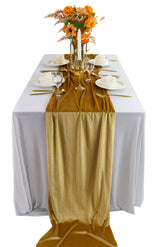 BTF Home velvet table runner in gold drapes elegantly on a 20x120 inch table.