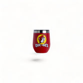 Buc-ee's 10 oz wine tumbler with red lid, double-wall insulation for temperature control.