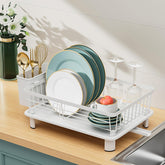 BULIJUJU compact dish drying rack saves counter space while drying plates and glasses.