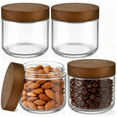 Bumobum 8 oz glass mason jar with acacia lid for reusable storage of sauces, puddings, and snacks.