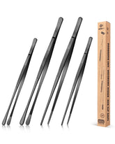 BundlePro 4Pcs fine long tweezers 12-inch black—precise plating for delicate foods.