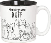 Burton+BURTON Mornings Are Ruff mug closeup with dog decals and bold text for cozy mornings.