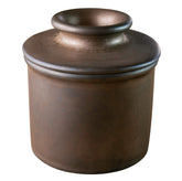 Butter Bell bronze matte crock on countertop preserves spreadable butter at room temperature.