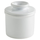 Butter Bell crock on countertop keeps butter ready to spread.