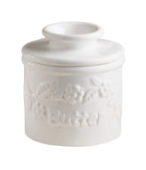 Butter Bell white raised floral crock on countertop preserves spreadable butter