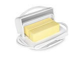 Butterie flip-top butter dish with lid on counter, keeps butter tidy and ready to spread