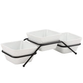 Buyajuju square porcelain bowls with black stand for elegant serving.