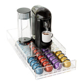 BXINREDA acrylic coffee pod drawer neatly stores 40 Vertuo pods on the counter.