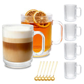 Cadamada 6-pack glass coffee cups with handle and spoon for everyday use.