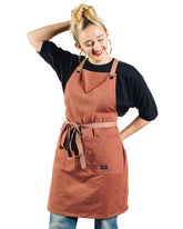 Caldo Crossback Kitchen Apron shows strap design for comfortable cooking