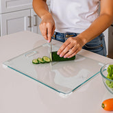 Callsky glass cutting board 16x12 with stable non-slip feet for precise chopping.