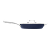 Calphalon Premier ceramic nonstick 12 inch pan with lid on stove delivers even heating.
