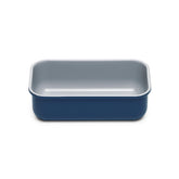 Caraway loaf pan navy outer view with slick non-stick coating for easy release.