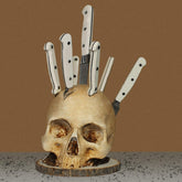 CAREEN skull knife holder on kitchen counter for easy knife access.