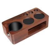 Carfeel espresso tamping station front view showing walnut wood and tidy counter.