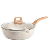 CAROTE 12-inch nonstick deep frying pan with lid showing smooth food release.
