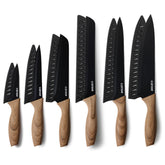 CAROTE 12pcs knife set demonstrates versatile slicing and dicing in a modern kitchen.