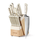 CAROTE 14-piece knife set in block for organized kitchen prep and easy access.